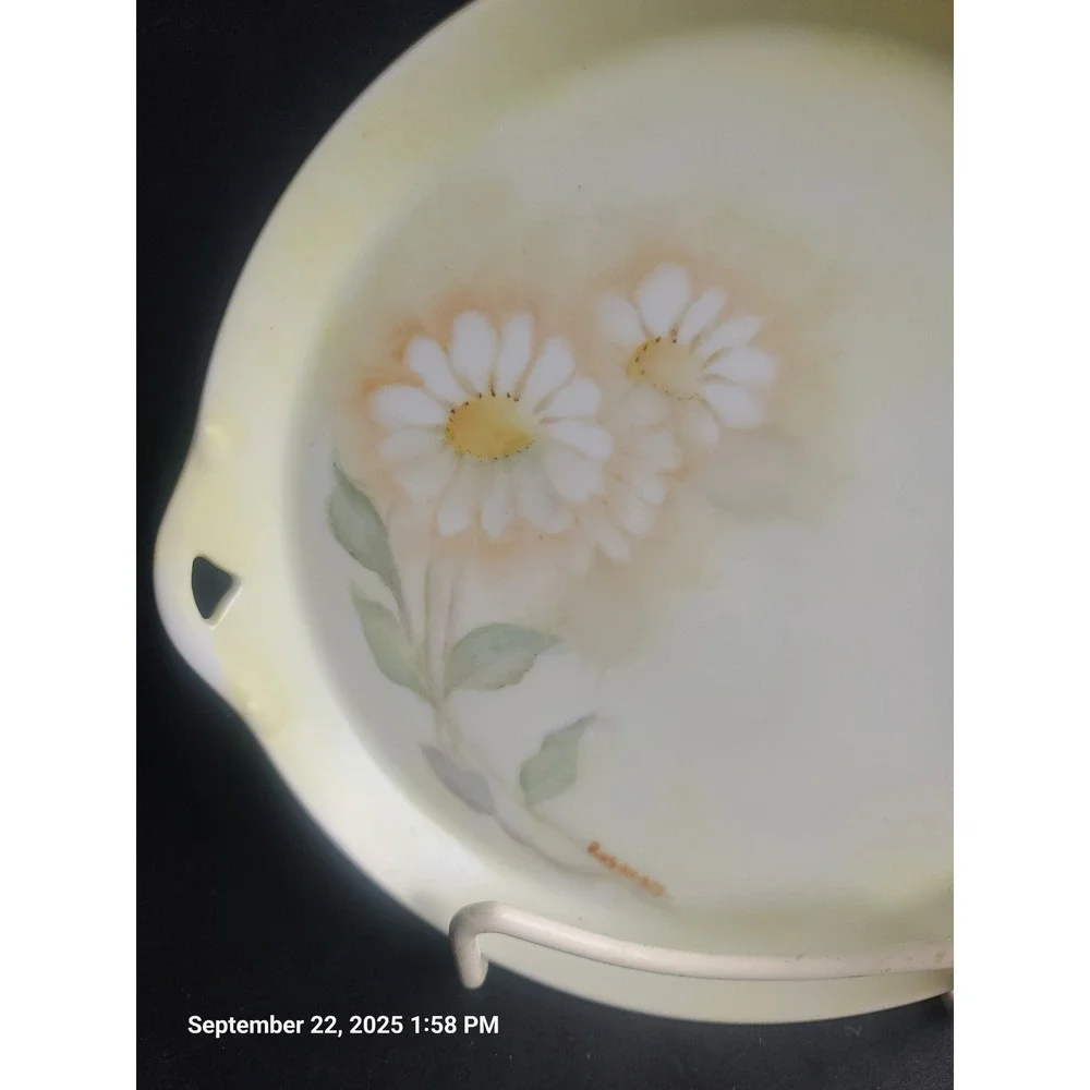 Vintage R.S. Geramny Hand Painted Daisys Plate Heart Cutout Handles Signed